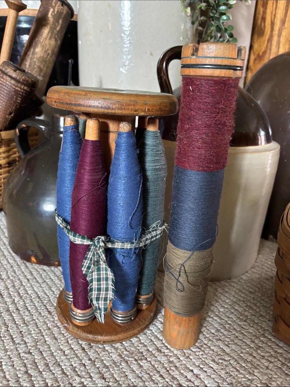 Handcrafted Vintage Thread Spool Set in Blue, Burgundy, Olive